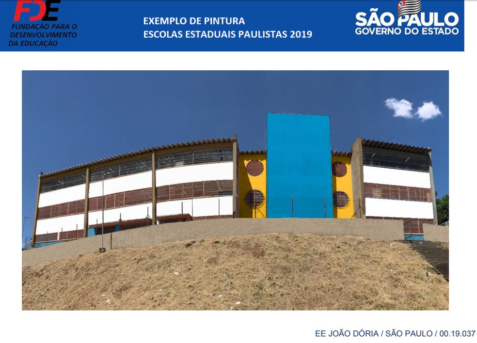Exemplo de pintura para as escolas estaduais de SP: destaque para as cores azul e amarelo — Foto: Reprodução/Governo de SP