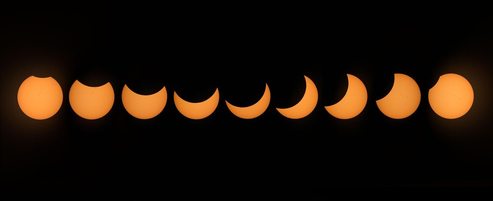 Eclipse parcial do Sol, em série de fotos da Nasa feitas em agosto de 2017. — Foto: NASA/Noah Moran