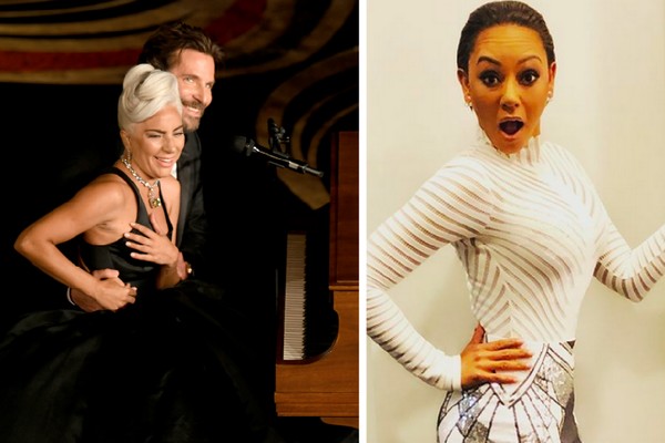A cantora Lady Gaga ao lado do ator Bradley Cooper durante a apresentação dos dois no Oscar 2019 e a cantora Mel B (Foto: Getty Images/Instagram)