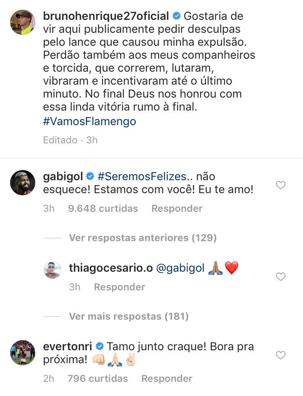 Bruno Henrique usa redes sociais para se desculpar e recebe apoio — Foto: Reprodução / Instagram