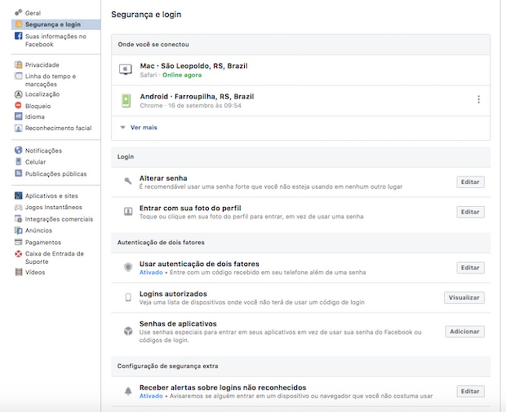 Área de segurança e login do Facebook. — Foto: Reprodução/G1 