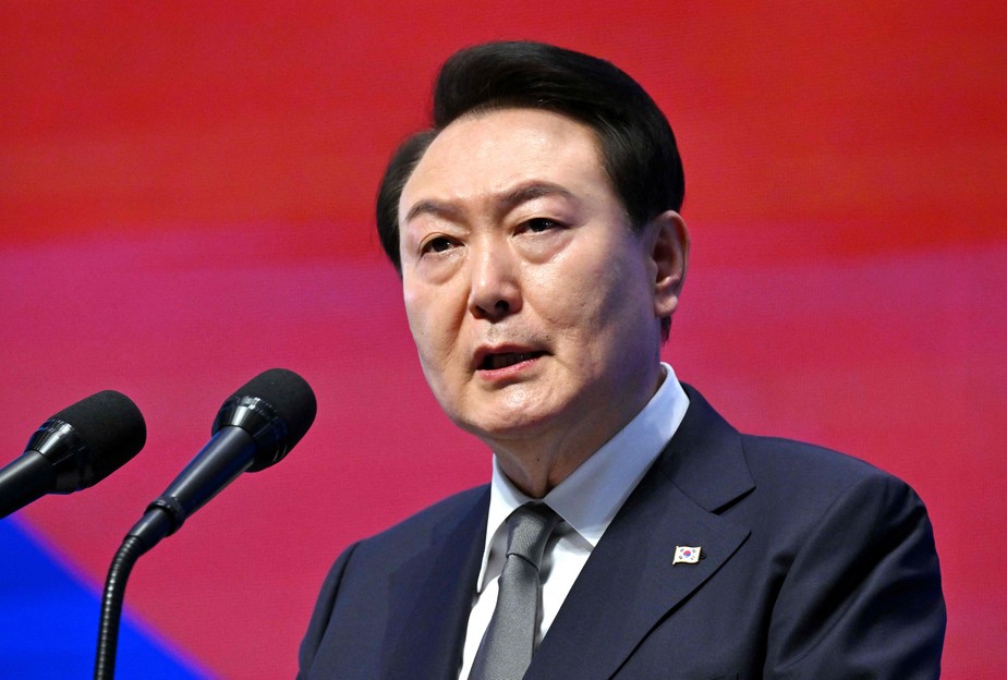 O presidente da Coreia do Sul, Yoon Suk Yeol, fala durante uma cerimônia que marca o 104º aniversário do Dia do Movimento da Independência de 1º de março contra o domínio colonial japonês, em Seul, em 1º de março de 2023