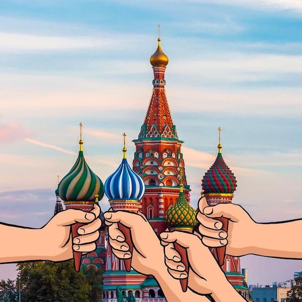 A Catedral de São Basílio, na Praça Vermelha em Moscou, na Rússia, virou sorvete na interpretação do artista (Foto: Robin Yayla / Reprodução)