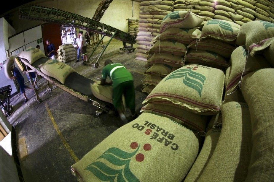 Sacas de café para exportação em Santos (SP). Terminal é a principal porta de saída do produto brasileiro rumo ao mercado externo