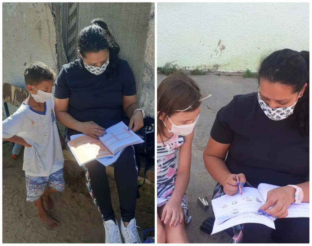 Professora de S&atilde;o Carlos d&aacute; aula na cal&ccedil;ada para alunos que n&atilde;o t&ecirc;m celular ou internet &mdash; Foto: Arquivo pessoal