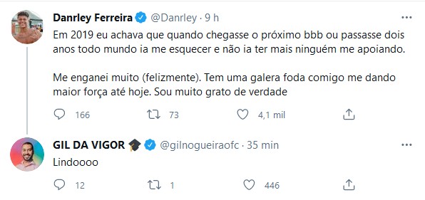 Gil do Vigor elogia Danrley Ferreira (Foto: Reprodução/Twitter)