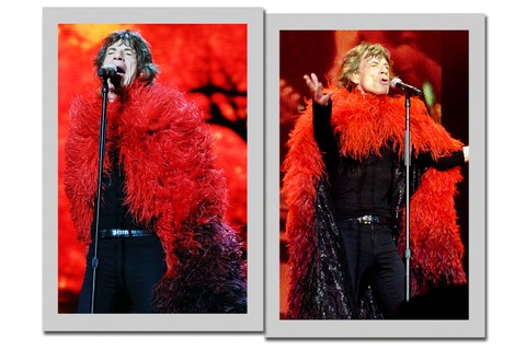 Para cantar “Sympathy for the Devil”,  Mick vestiu um maxicasaco de plumas, enquanto o vermelho toma conta do telão  