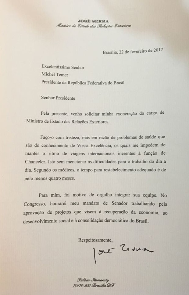 Carta de demissão do ministro José Serra