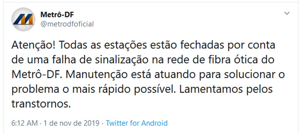 Nota oficial do Metrô-DF — Foto: Twitter/Reprodução