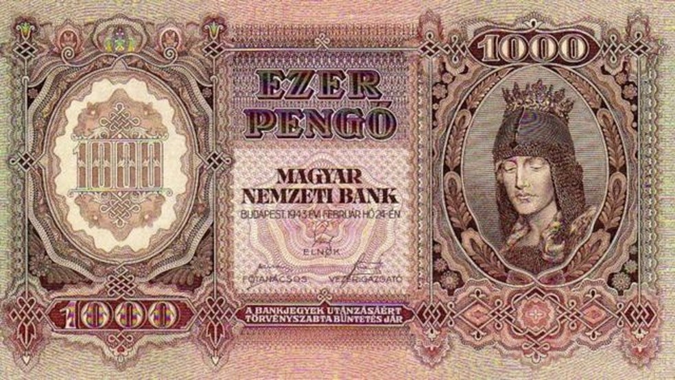 1.000 pengő de 1943, a cédula mais alta até a chegada da hiperinflação — Foto: BBC