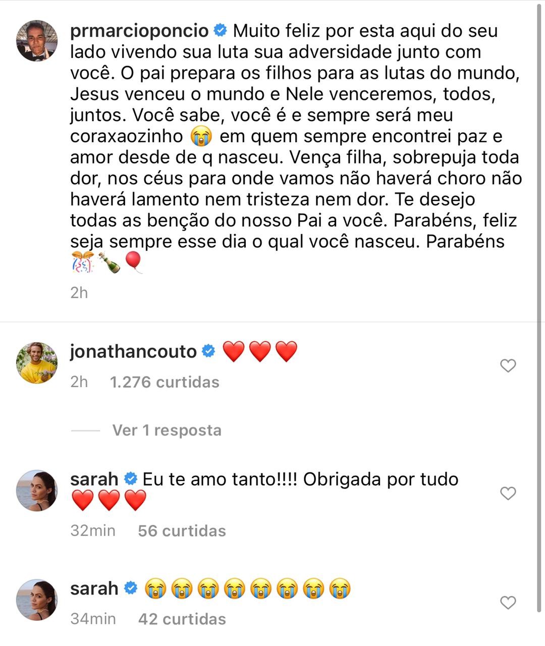 Pastor Márcio Poncio faz post para a filha, Sarah, e Jonathan comenta (Foto: Reprodução/Instagram)