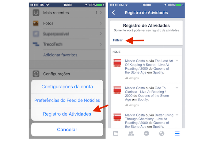 Acessando o Registro de Atividades do Facebook para filtrar as interações do usuários (Foto: Reprodução/Marvin Costa)
