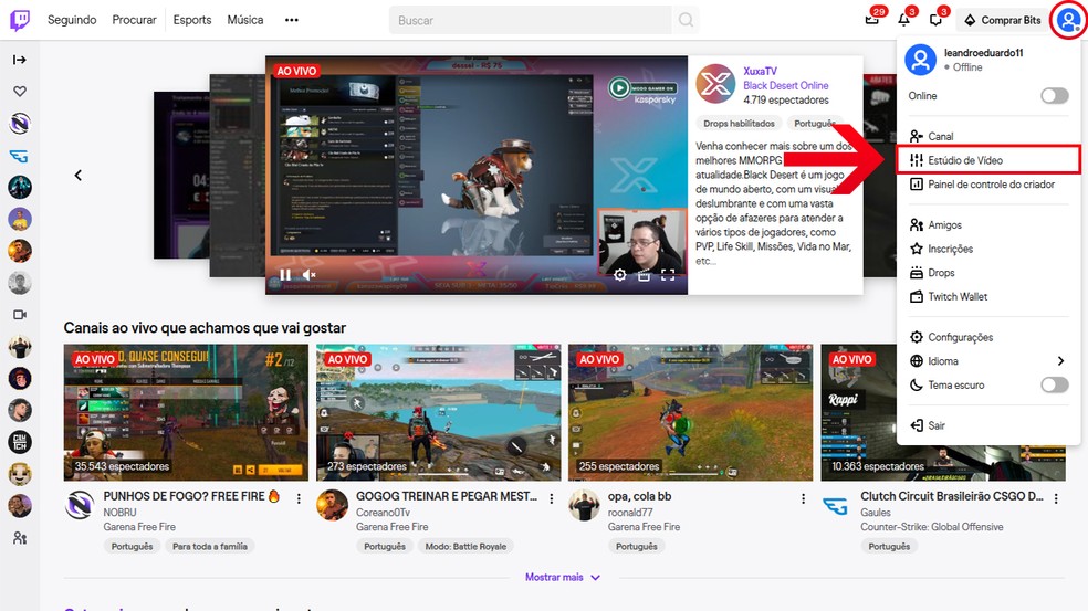 Na página inicial da Twitch TV, clique em “Perfil” e, em seguida, em “Estúdio de vídeo”; — Foto: Reprodução/Leandro Eduardo