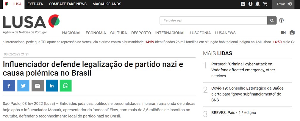 Agência portuguesa Lusa repercute fala de Monark sobre nazismo — Foto: Reprodução