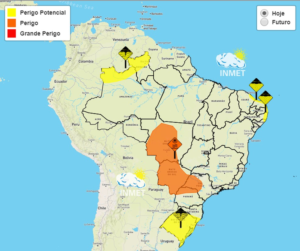 Mapa de aviso meteorológico do Inmet; imagem divulgada às 10h desta terça-feira (24)  — Foto: Inmet/Reprodução