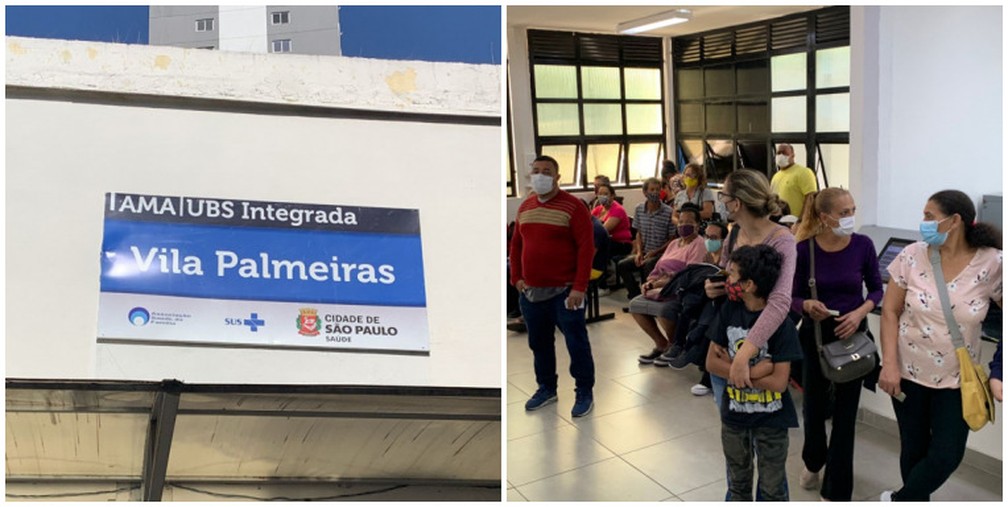 Pacientes em pé aguardam atendimento na AMA/UBS Integrada da Vila Palmeiras, na Zona Norte de São Paulo, nesta terça-feira (24). — Foto: Acervo pessoal