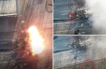 Drone flagra  tanque russo explodido em Mariupol enquanto tripulação tenta escapar (Foto: reprodução/NY Post )