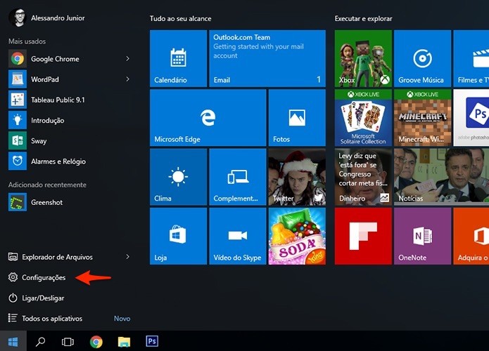 Menu de configurações do Windows 10 também pode ser acessado pelo atalho Win + I. (Foto: Reprodução/Alessandro Junior)