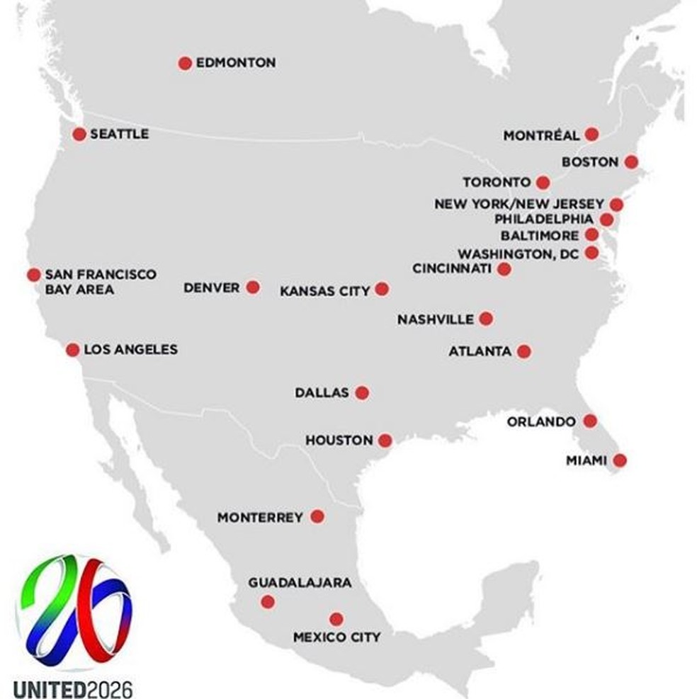 Opções de sedes apresentadas pela candidatura da América do Norte — Foto: Reprodução / Instagram