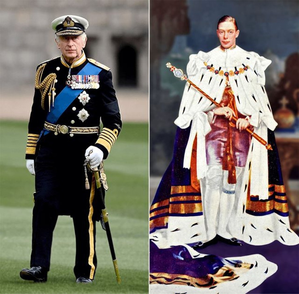 O rei Charles 3º deve usar um uniforme militar semelhante ao que vestiu no funeral de sua mãe, Elizabeth 2ª, no ano passado; o rei George 6º, seu avô, usou um tipo de calça de montaria e meias de seda na sua coroação. — Foto: Getty Images via BBC