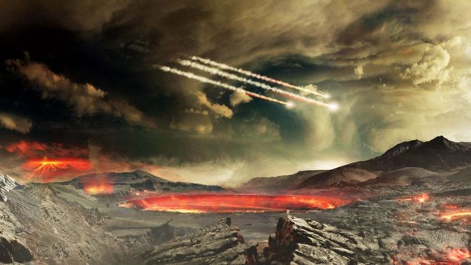 BBC: Um artista da Nasa ilustra como teria sido o bombardeio de meteoritos na Terra (Foto: NASA'S GODDARD CONCEPTUAL IMAGE LAB)
