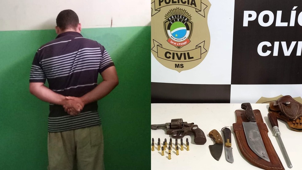 Segundo a polícia, foram apreendidas facas e munições com o suspeito. — Foto: Divulgação/PoliciaCivil