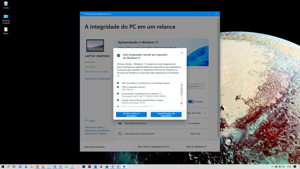 Requisitos do Windows 11: ferramenta da Microsoft informa se o PC é compatível com o novo sistema — Foto: Reprodução/Filipe Garrett