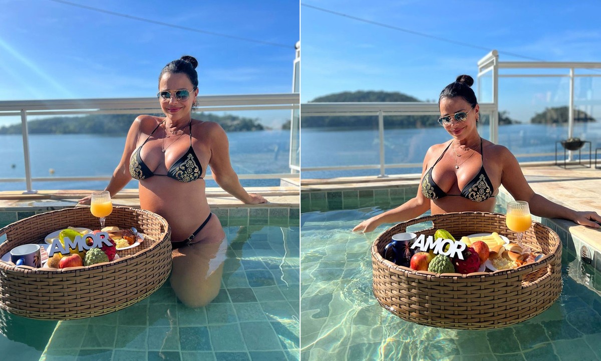 Viviane Araújo exibe barriga de sete meses de gestação em café da manhã na piscina |  Pop & Arte
