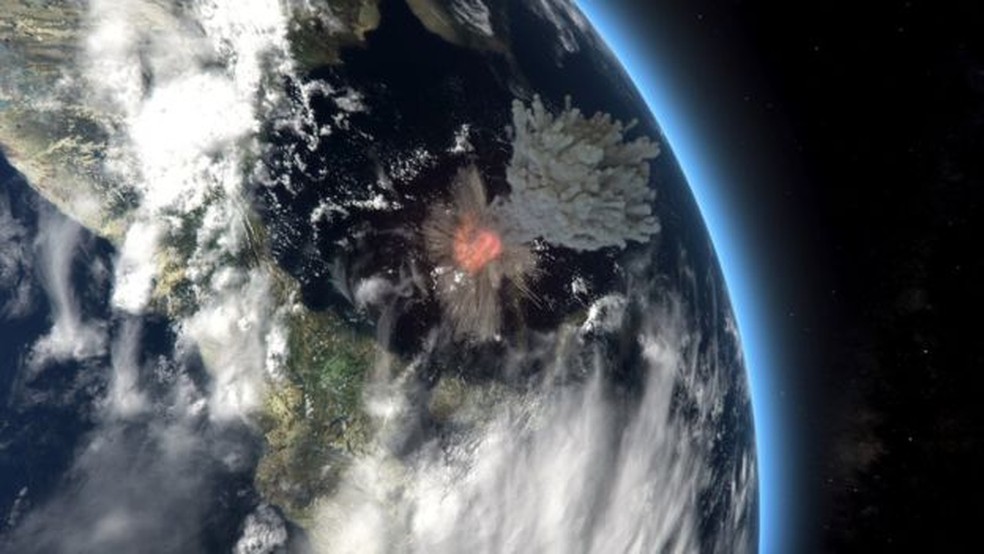 Ilustração mostra o impacto do asteróide, que deve ter desencadeado ondas gigantescas — Foto: Barcroft Productions/BBC