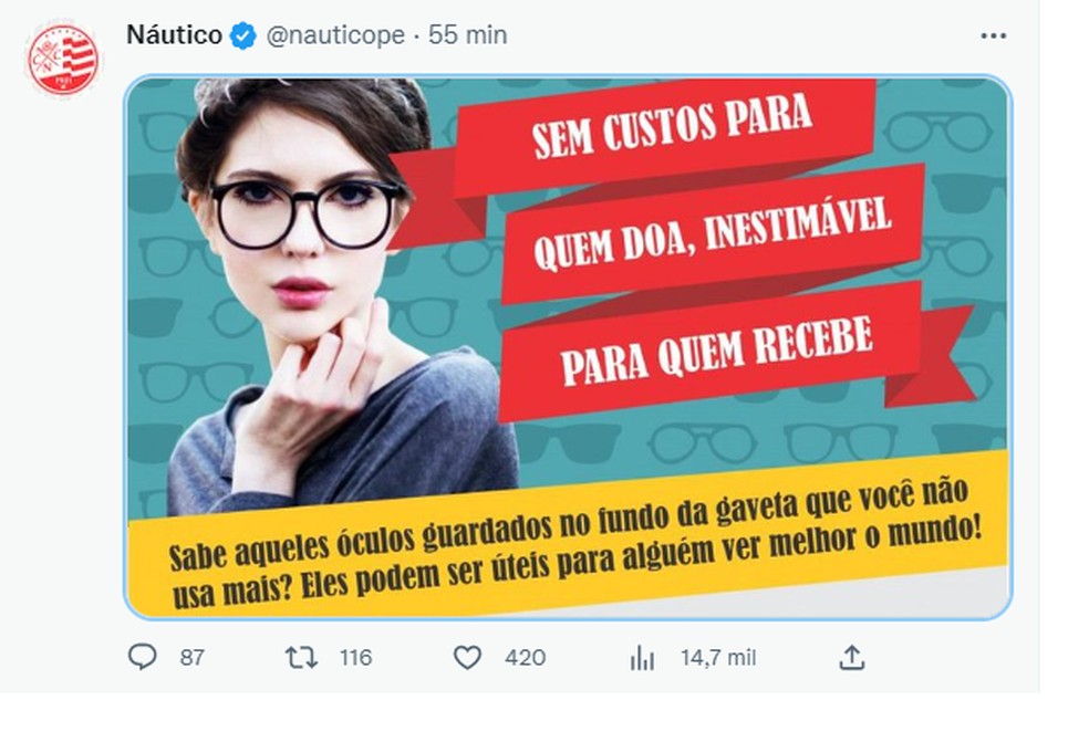 Náutico posta "anúncio" de óculos para criticar juiz por pênalti não marcado — Foto: Reprodução