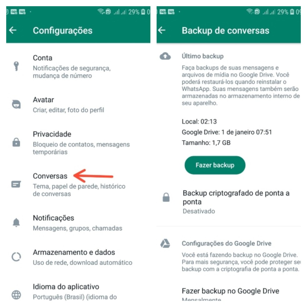 Configurações de backup no WhatsApp — Foto: Reprodução/Gisele Souza