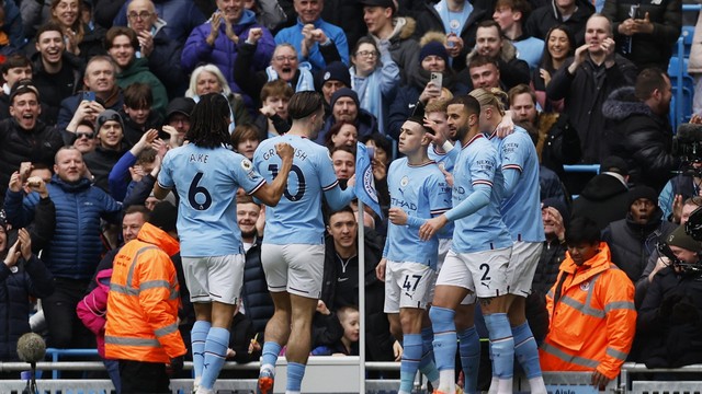 Jogadores do Manchester City comemoram vit&oacute;ria sobre o Newcastle, pela Premier League