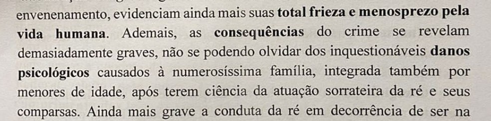 "Total frieza e menosprezo pela vida humana" – termos utilizados pela juíza para descrever a conduta de Flordelis diante das várias tentativas de envenenamento do pastor Anderson. — Foto: Reprodução