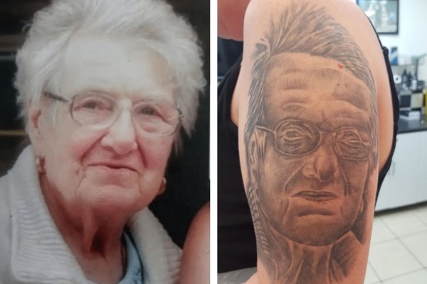 Mulher fica desolada com tatuagem de R$ 1,5 mil em homenagem à falecida avó que ficou parecida com cantor Rod Stewart (Foto:  Reprodução; Reprodução/Instagram)