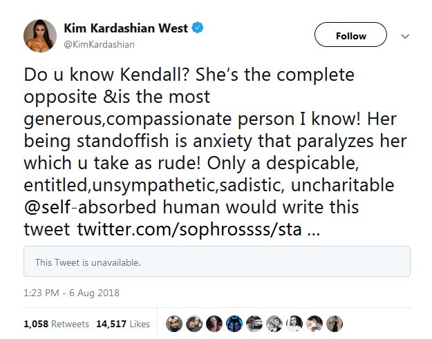 Kim Kardashian defende seu irmã Kendall Jenner (Foto: Reprodução / Twitter)