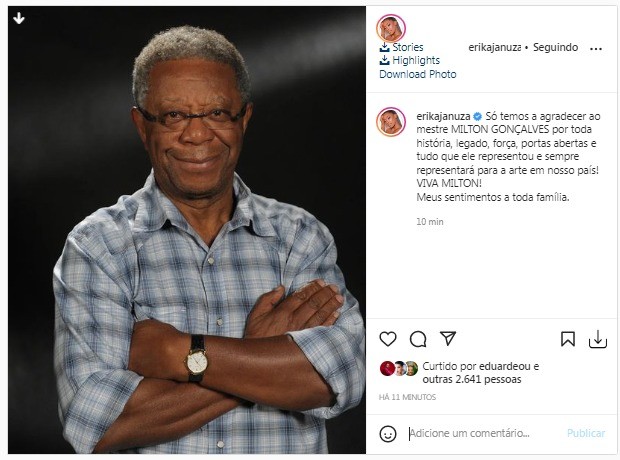 Erika Januza lamenta morte de Milton Gonçalves (Foto: Reprodução/Instagram)