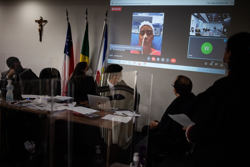 Nelly Mota foi ouvida por meio de videoconferência durante julgamento sobre morte de filha, na quarta-feira (27), em Manaus. — Foto: Divulgação/TJAM