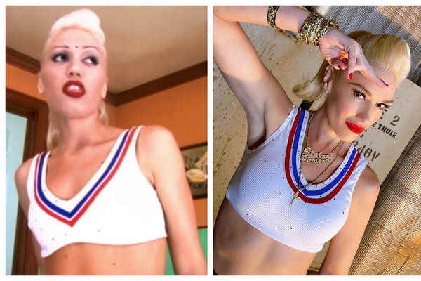 Gwen Stefani no clipe de Just a Girl, do No Doubt, lançado em 1995, e com o mesmo look para a divulgação da canção Let Me Reintroduce Myself (Foto: Reprodução/Instagram)