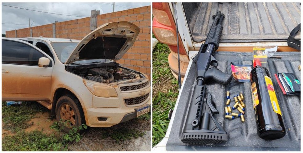 Caminhonete e arma usadas no crime. — Foto: Divulgação 