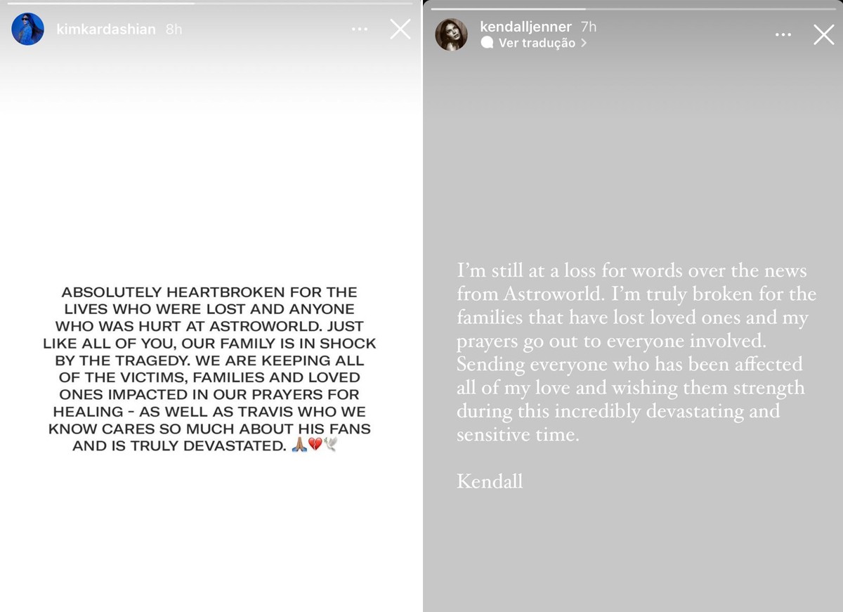 Kim Kardahsian e Kendall Jenner se pronunciam sobre tragédia no show do cunhado, Travis Scott (Foto: Reprodução / Instagram)