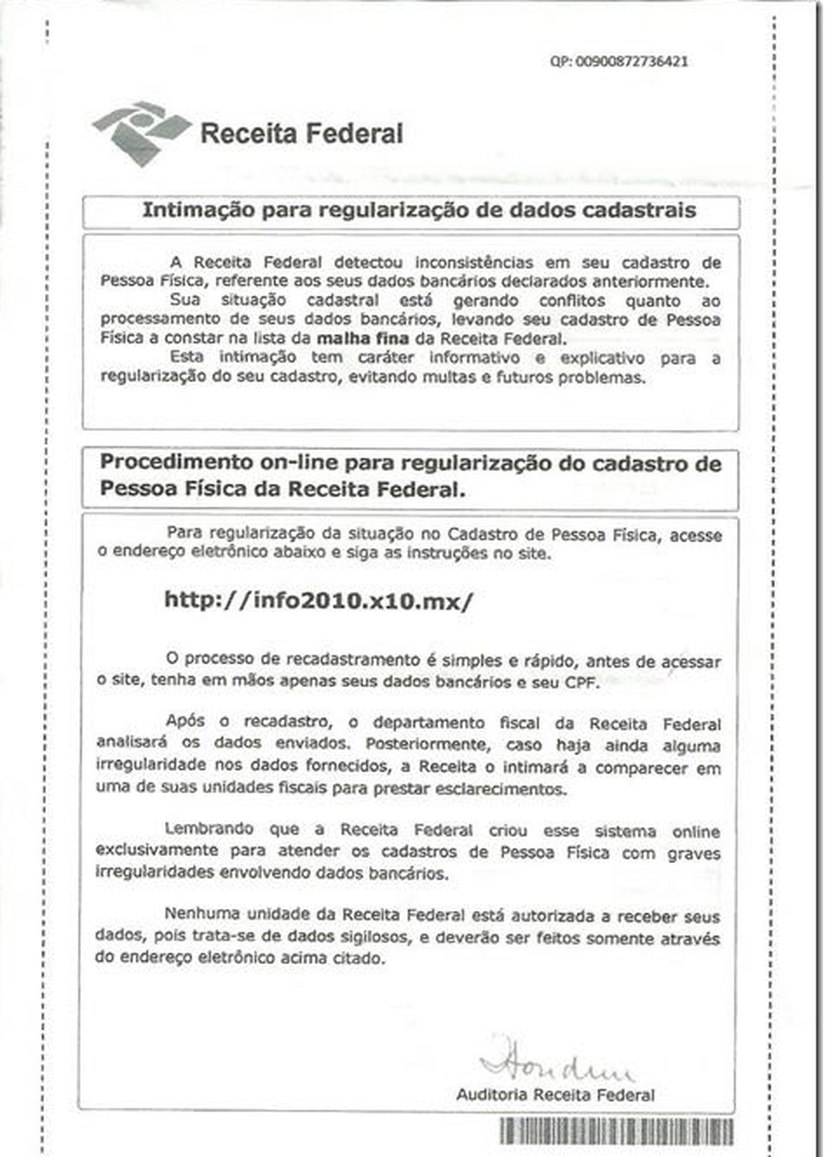 Receita alerta sobre golpe que usa carta para induzir 