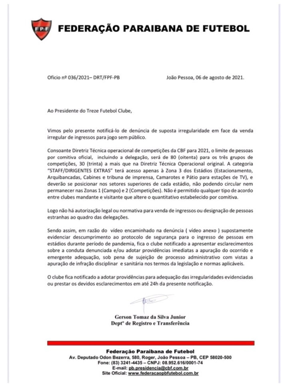 FPF enviou um ofício ao Treze pedindo explicações sobre a denúncia anônima — Foto: Reprodução / FPF