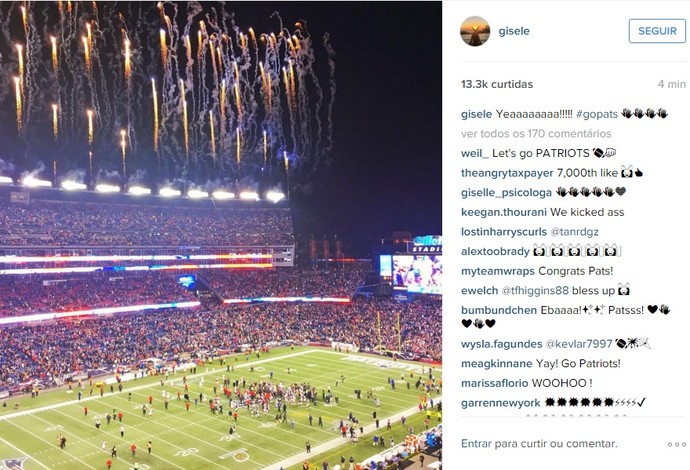 Gisele Bündchen postou foto no Instagram no estádio dos Patriots (Foto: Reprodução/Instagram)