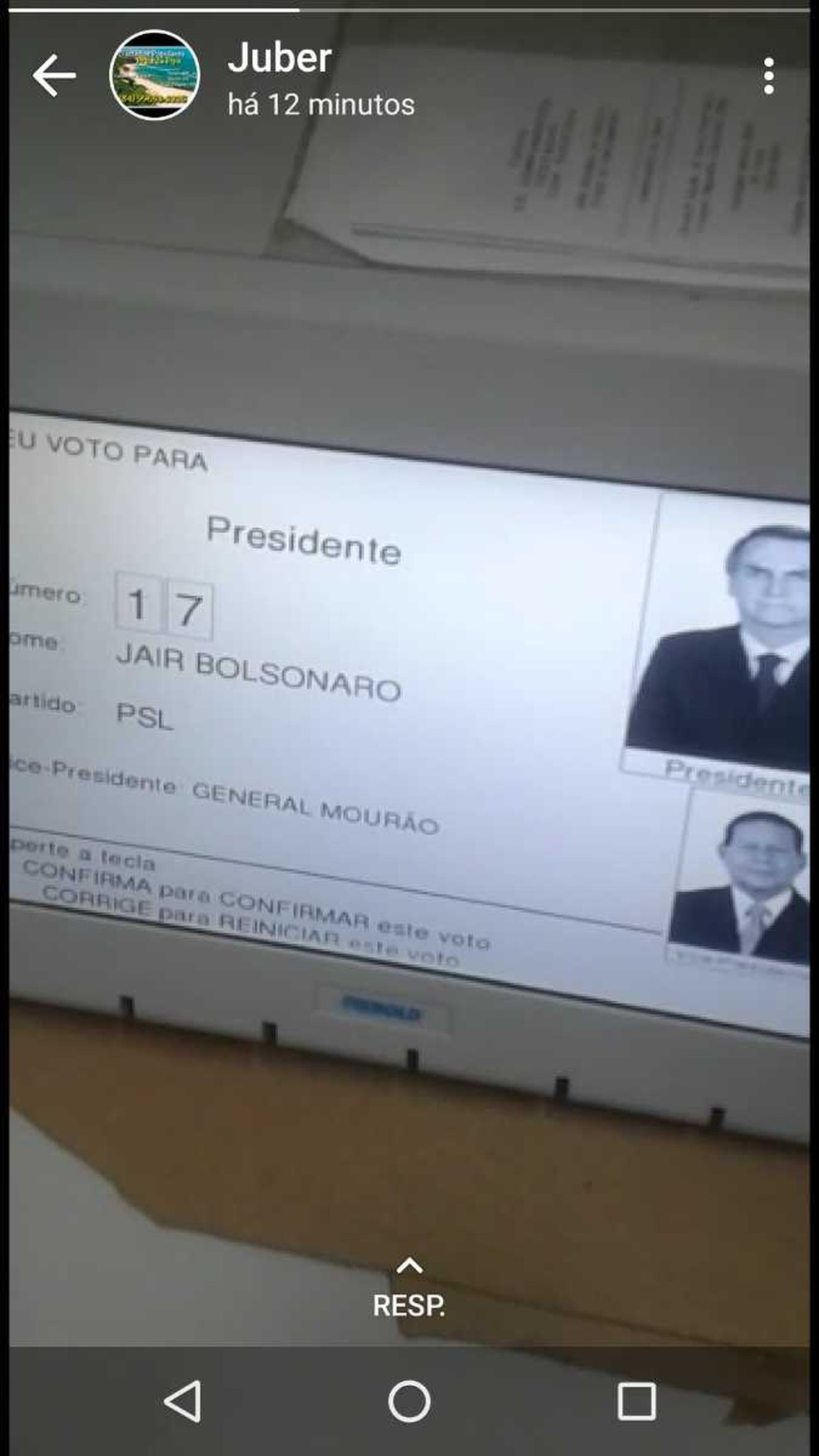 Eleitor registrou em vídeo voto na urna eletrônica e postou no WhatsApp — Foto: Divulgação/TRE-PB