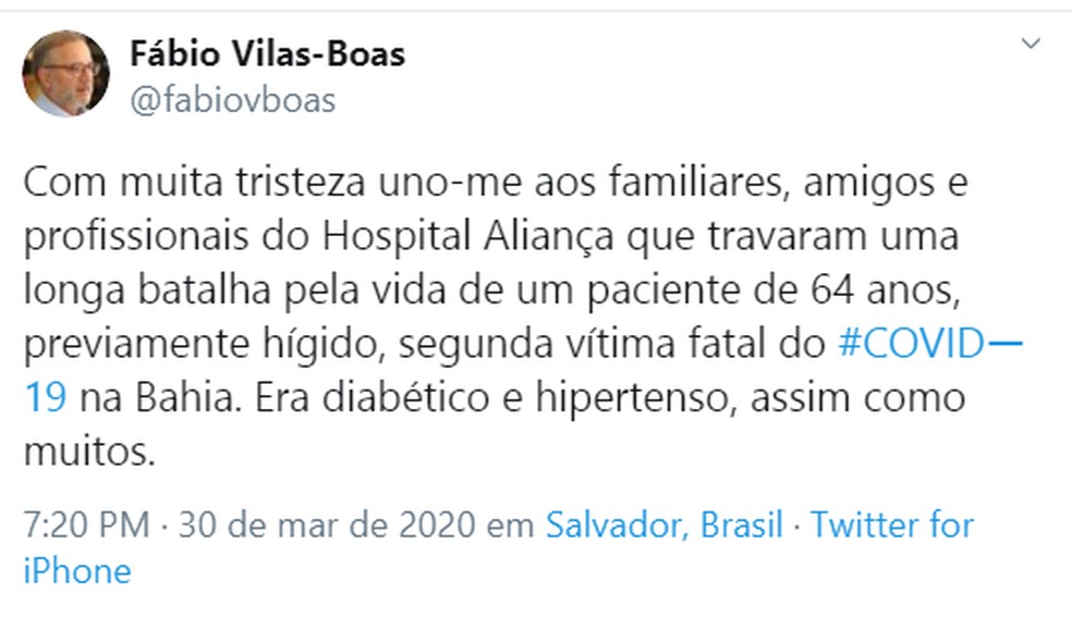 Bahia registra segunda morte de paciente com coronavírus, diz secretário de Saúde — Foto: Reprodução/Redes Sociais