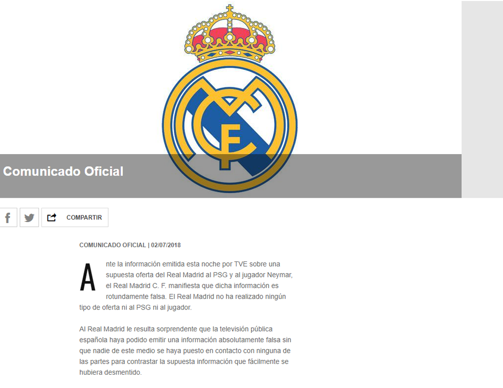 Comunicado oficial do Real Madrid (Foto: site oficial reprodução)