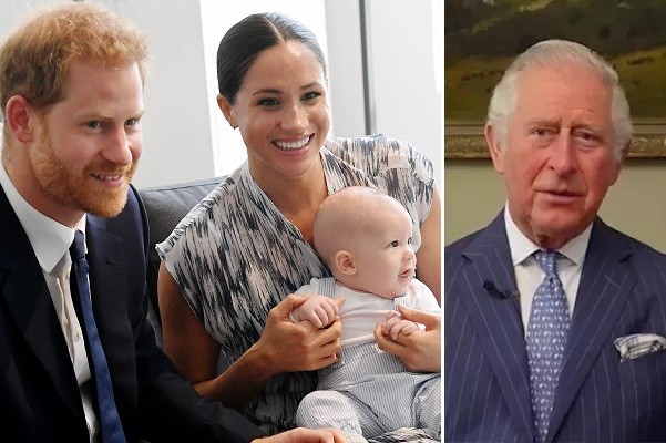Príncipe Harry e Meghan Markle com seu primeiro filho, Archie; ao lado, Príncipe Charles, avô da criança (Foto: Getty Images/Reprodução)