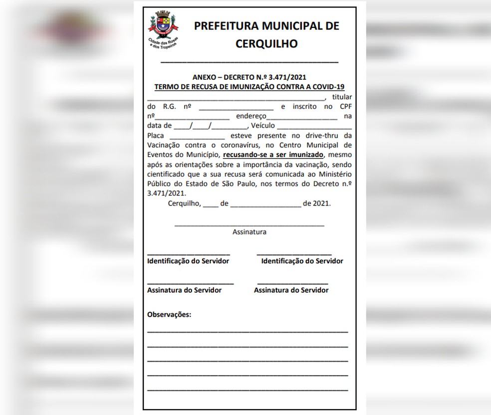 Moradores que se recusarem a tomar vacina contra a Covid-19 deverão assinar termo em Cerquilho — Foto: Prefeitura de Cerquilho/Divulgação