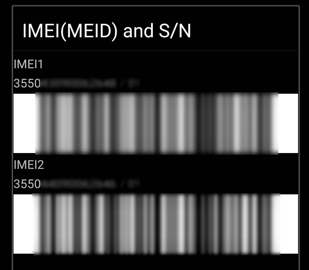Aparelho com dois chips exibe dois códigos de Imei, após inserção do código *#06# (Foto: Mateus Rodrigues/G1)