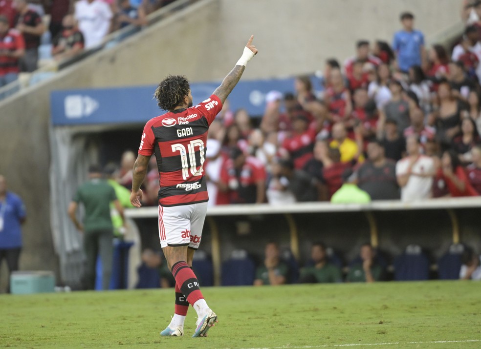 Gabigol comemora gol do Flamengo contra o Coritiba &mdash; Foto: Andr&eacute; Dur&atilde;o